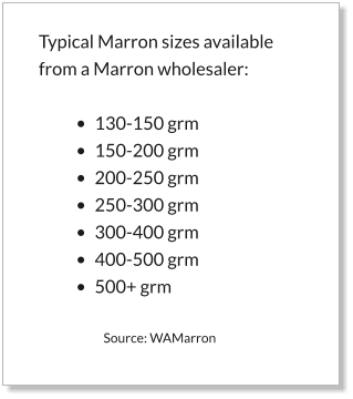 Typical Marron sizes available from a Marron wholesaler:          •	130-150 grm •	150-200 grm •	200-250 grm •	250-300 grm •	300-400 grm •	400-500 grm •	500+ grm  Source: WAMarron